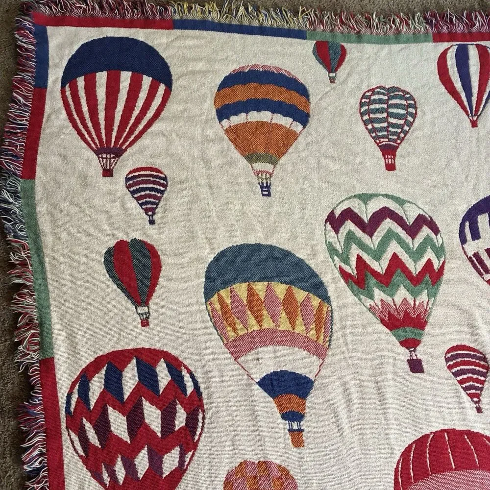 Hot Air Balloon Tapestry Cotton Blanket Throw w/Fringe 70”x46” Two Sided 1970s